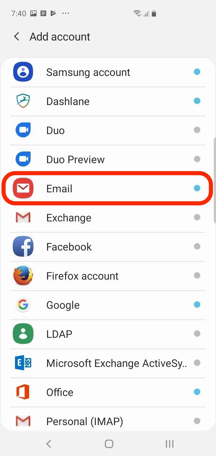 Add an email accounts in settings